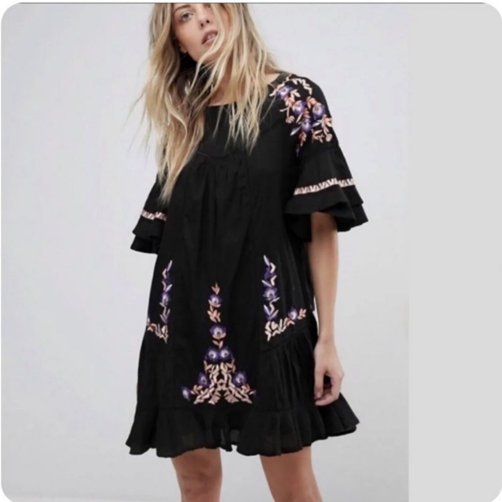 Free People Pavlo Ruffle Mini Dress Black Embroidered Large